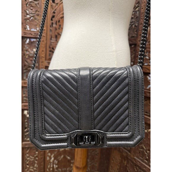 Rebecca Minkoff Chevron Quilted Small Love Crossbody Bag Black Leather - Picture 3 of 7